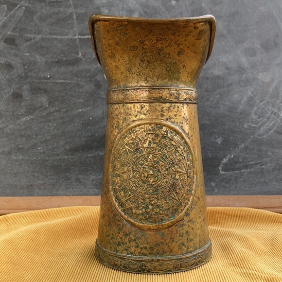 vintage Aztec mayan calendar pitcher vase : brass + copper : handmade - Picture 5 of 17
